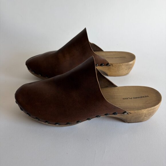 Reinhard Plank Brown Leather Wood Clogs Size 44 - Picture 10 of 11